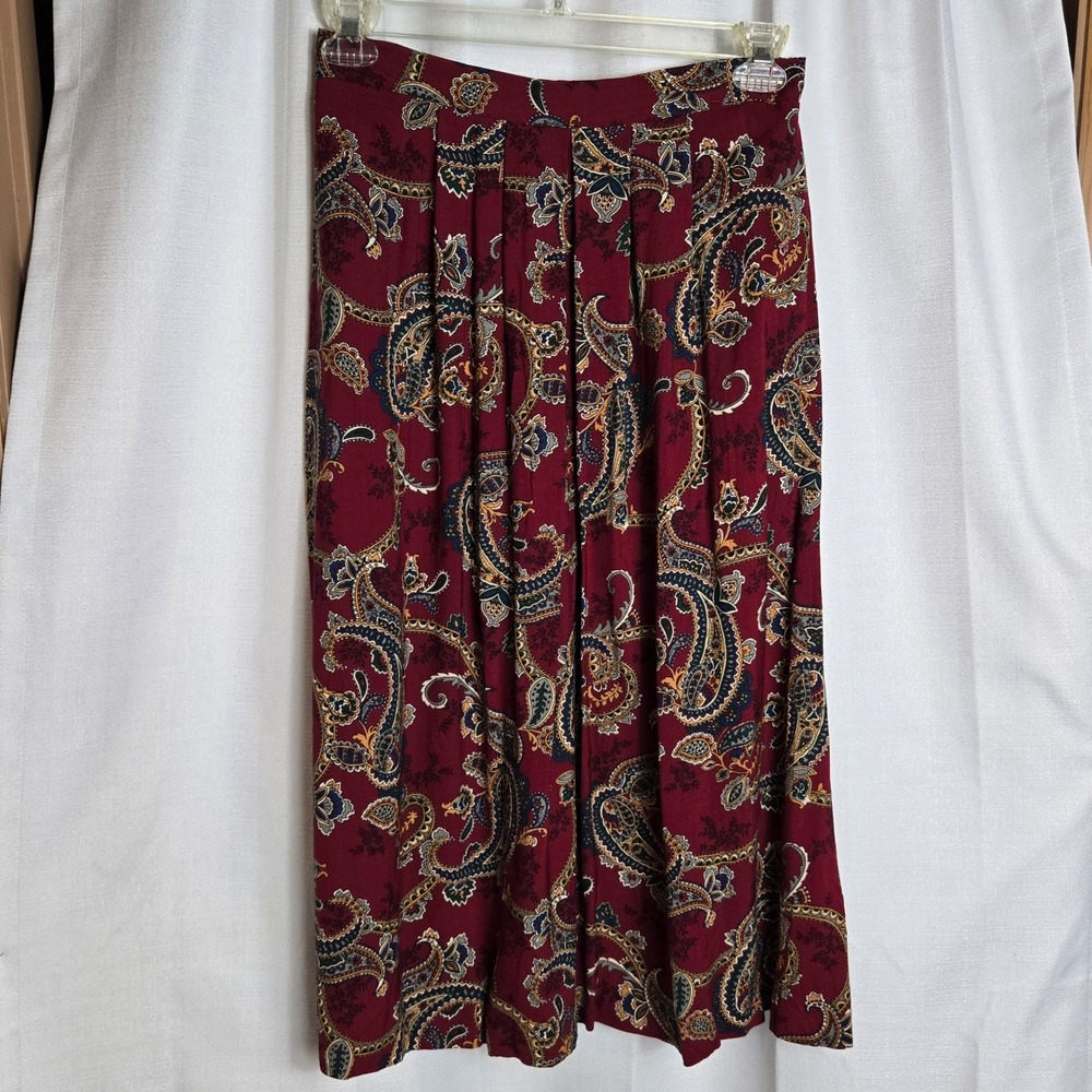 Vintage Separate Issue Paisley‎ Pleated Midi Skirt POCKETS Burgundy Size 11 12
